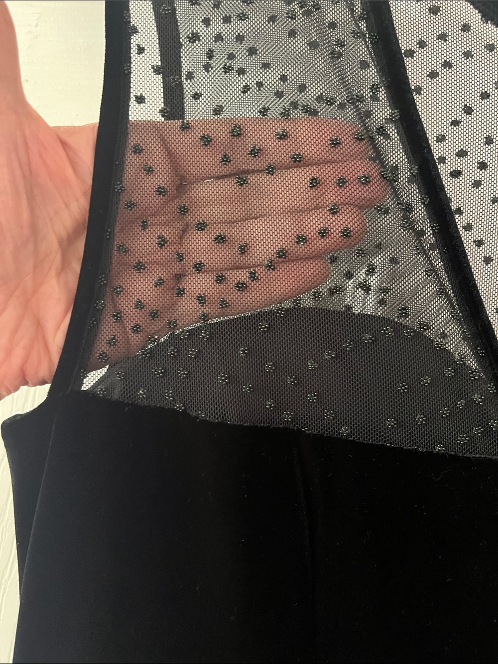 Elegant Black Velvet Maxi Dress with Sheer Polka Dot Yoke - Picture 5 of 5
